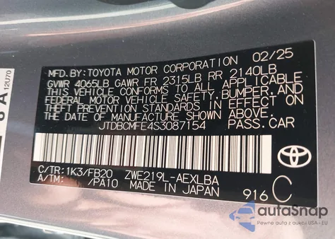 2025 Toyota Corolla Hybrid Le from USA, damaged, VIN JTDBCMFE4S3087154